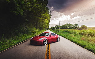 red Nissan 350Z, Nissan, car, road
