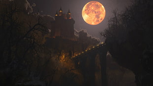 castle under full moon, Moon, castle, bridge, bats HD wallpaper