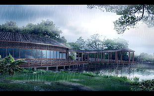 illustration of wooden house beside of lake, Chinese