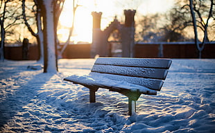 brown wooden bench covered in snow during daytime