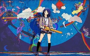 blue haired female anime character wearing grey jacket and holding chainsaw