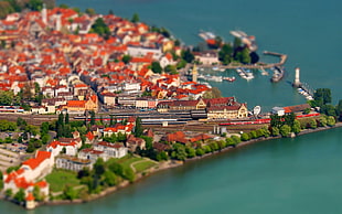 selective focus aerial photography of city near body of water