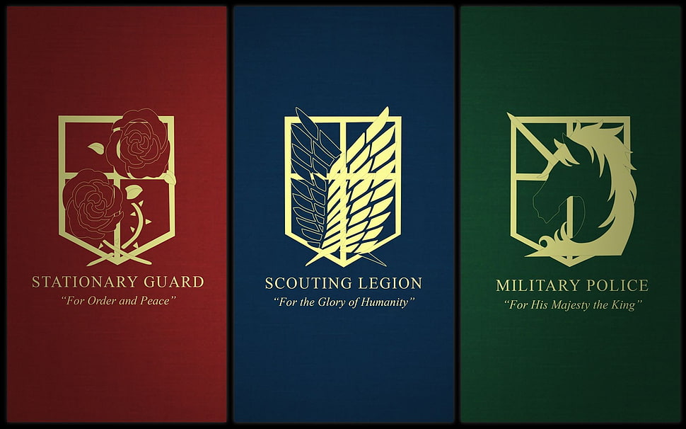 Attack of Titans Stationary Guard, Scouting Legion, and Military Police logos collage, Shingeki no Kyojin HD wallpaper