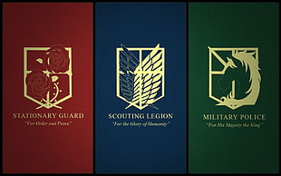 Attack of Titans Stationary Guard, Scouting Legion, and Military Police logos collage, Shingeki no Kyojin