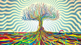 green and red tree optical illustration, abstract, trees, colorful, wires