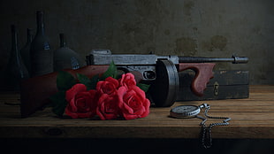 brown and black rifle, gun, machine gun, old, photography HD wallpaper