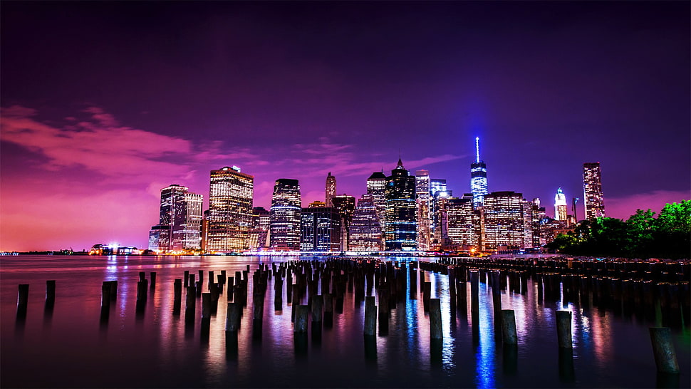 assorted-color concrete building, coast, cityscape, reflection HD wallpaper