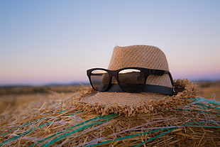 black framed eyeglass on brown hat, photography, glasses, hat
