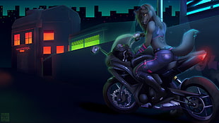 anthropomorphic female wolf riding motorcycle illustration, furry, Anthro, motorcycle