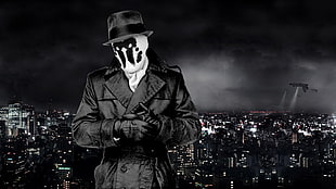 grayscale photo of man wearing coat, movies, Watchmen, cityscape, Rorschach