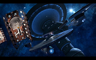 illustration of space ship, Star Trek, USS Enterprise (spaceship), USS Excelsior, space station
