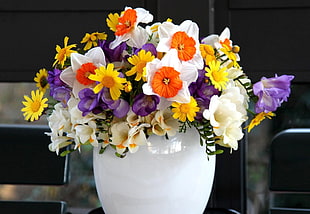 variety of flowers in white vase HD wallpaper