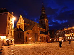 brown cathedral, town, lights, architecture, church HD wallpaper