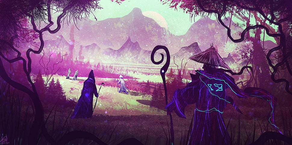 sorcerer illustration, fantasy art, digital art, pilgrims, anime HD wallpaper