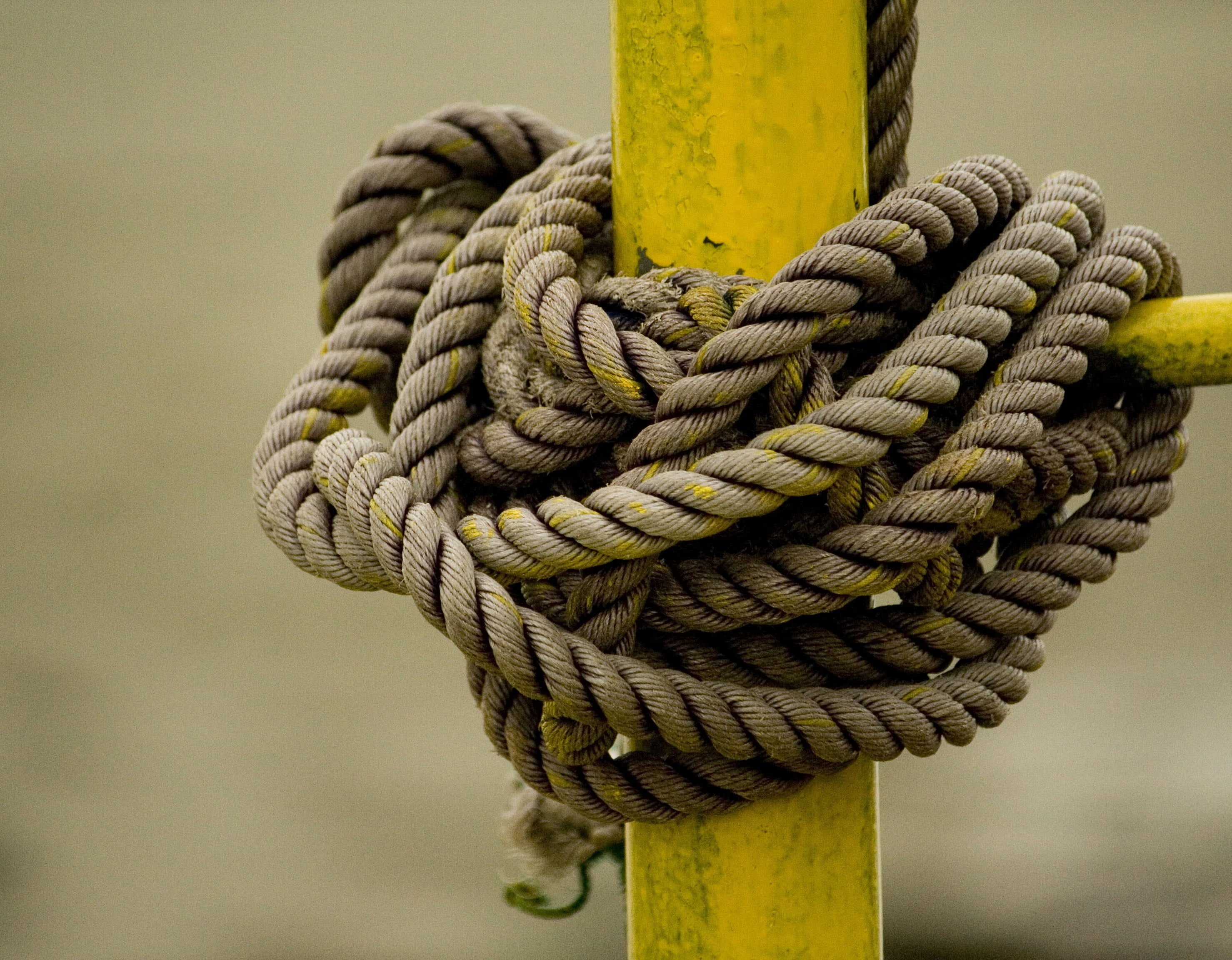 selective focus photography of brown rope wraparound on yellow metal
