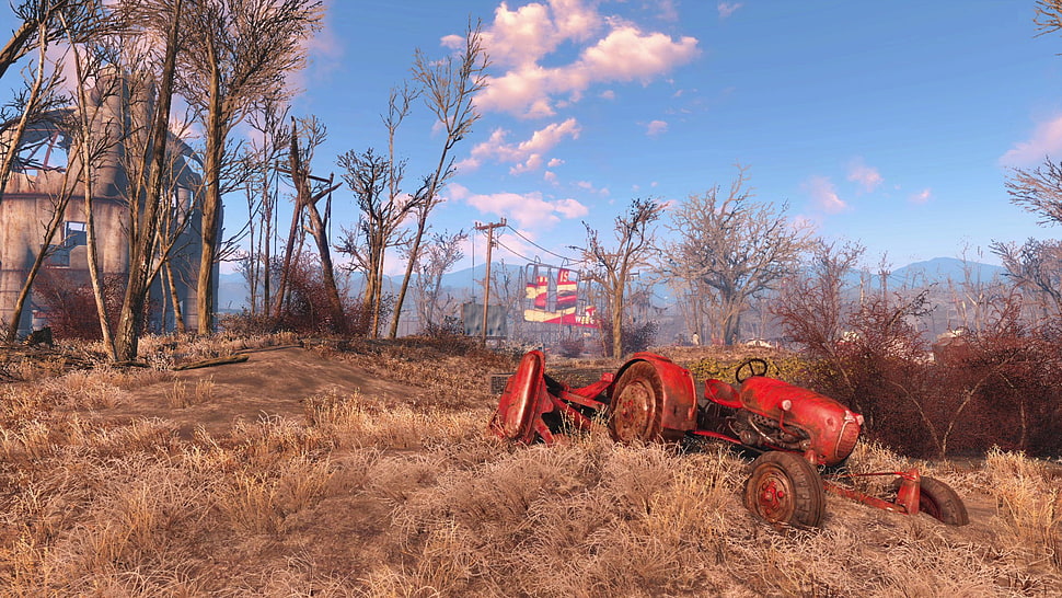 red tractor illustration, Fallout 4, video games, Fallout HD wallpaper