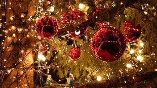 red Christmas baubles, Christmas ornaments , lights