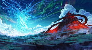 red and gray mountain illustration, sky, landscape, ArseniXC