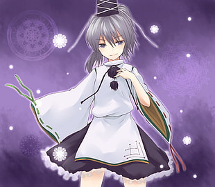 gray haired anime girl character with white suit
