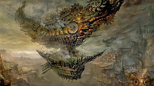 video game screenshot, steampunk, airships, fantasy city, fantasy art