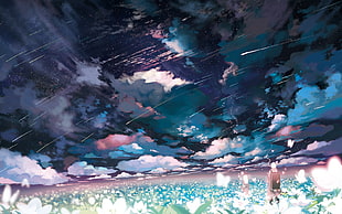 painting of person standing in the field of flowers watching the sky