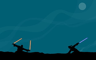 silhouette of two man holding light sabers illustration