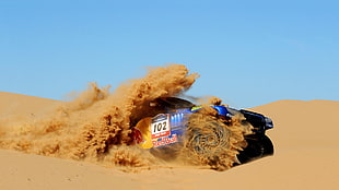 Red Bull-themed truck, rally cars, Red Bull, sand, Dakar Rally HD wallpaper