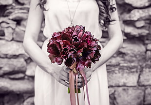 selective color photo of purple Tulip wedding bouquet