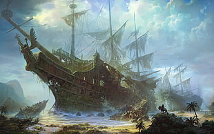 wrecked sail ship painting, sea, old ship, shipwreck, fantasy art
