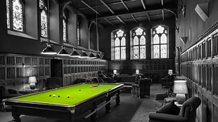 black and green billiard table, pool table, room, window, interior