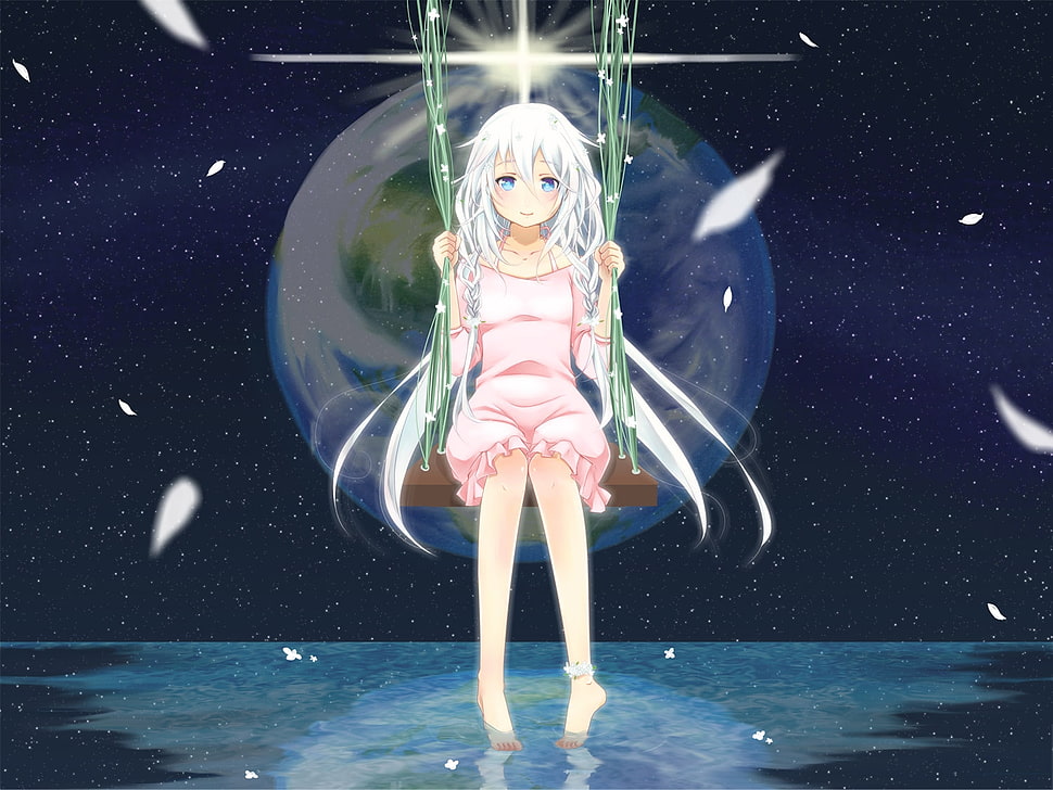 gray-haired girl anime character on swing digital wallpaper HD wallpaper