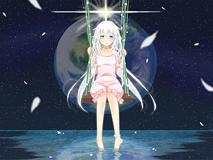gray-haired girl anime character on swing digital wallpaper