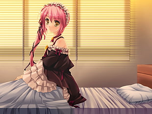 pink haired female anime character wearing brown and white dress illustration