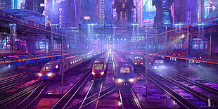 three white bullet trains, niyas ck, illustration, train, city