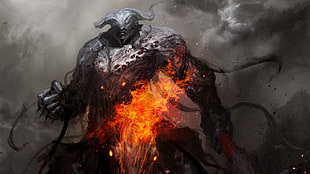 game character digital artwork, warrior, demon, stone, fire