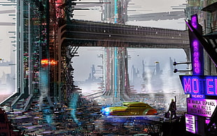 gold car illustration, futuristic, futuristic city, science fiction