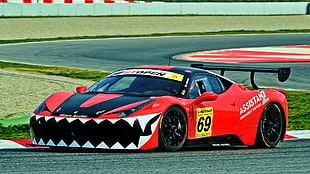 red and black coupe, Ferrari 458 Italia GT3, racing, car, race cars