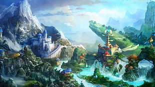 building beside body of water and mountain digital wallpaper, castle, fantasy art