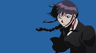 purple hair female anime character in black dress