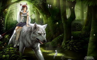 woman riding white wolf illustration
