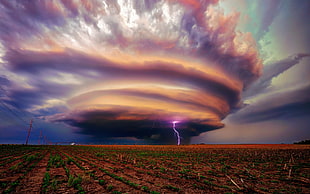 tornado with lightning, landscape, storm, lightning, field HD wallpaper