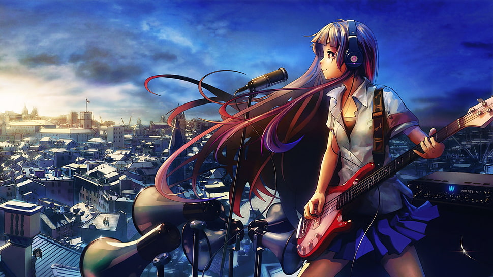 female anime character holding electric guitar with headhpones and microphone infront digital wallpaper HD wallpaper