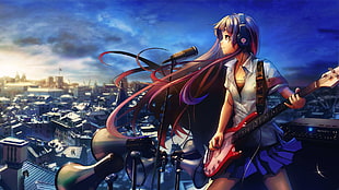 female anime character holding electric guitar with headhpones and microphone infront digital wallpaper