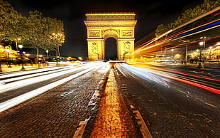 time lapse photo of Arch de Triomphe, Paris, light trails, Arc de Triomphe, road