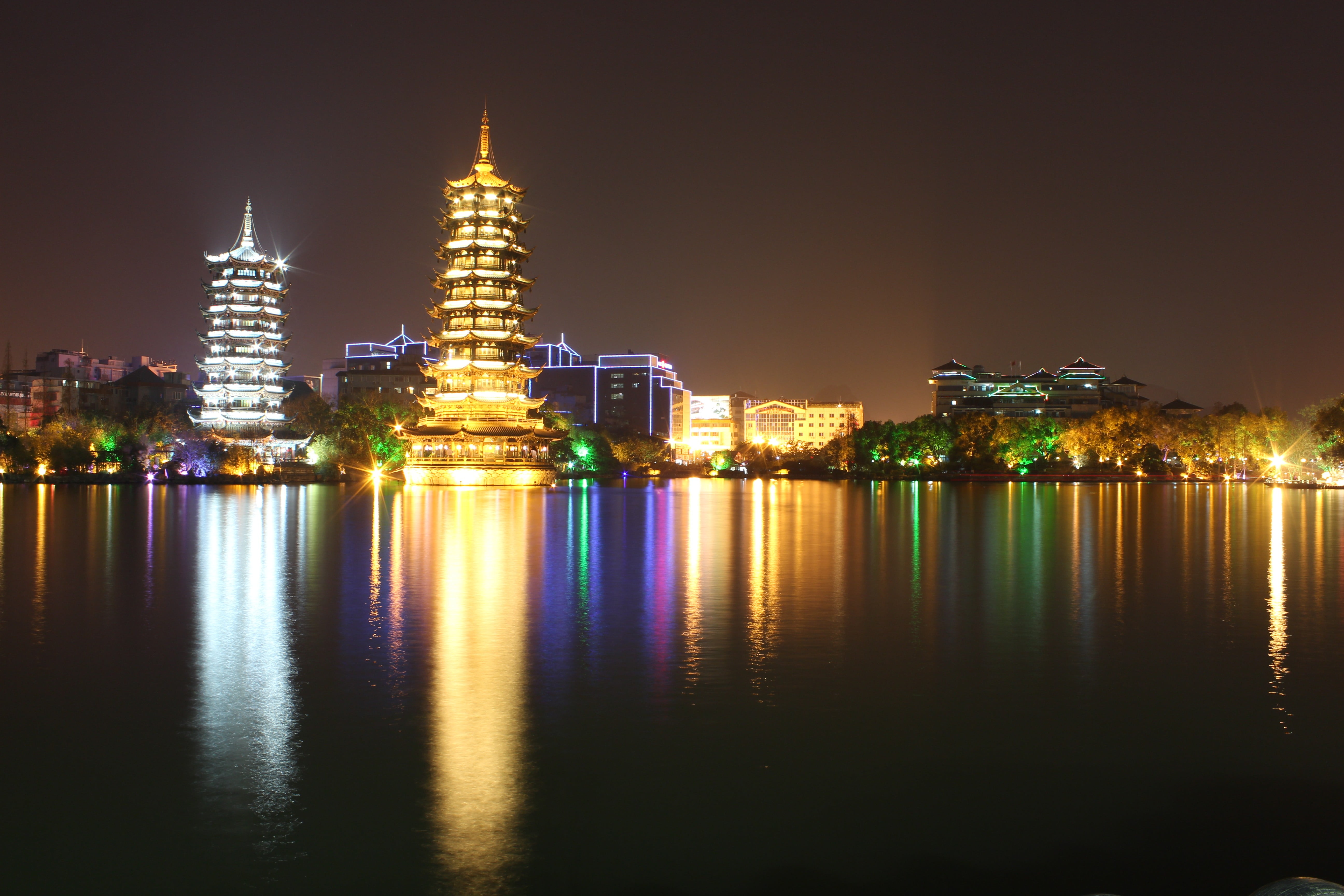 green and red lighted building, Guilin, night