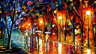 three people under umbrella surrounded by trees painting, Leonid Afremov, painting