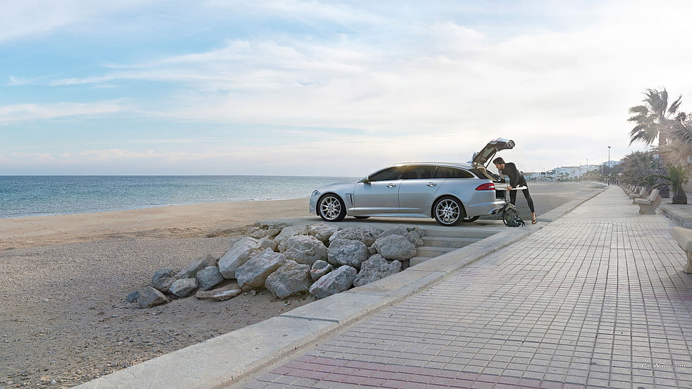 silver sedan and gray stone fragment lot, Jaguar XF, beach, sea, car HD wallpaper