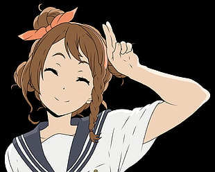 female anime character with brown braided hair and wearing white and blue school uniform
