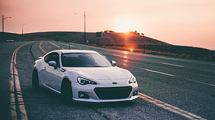 white Subaru coupe, Subaru BRZ, car, landscape, sunset HD wallpaper