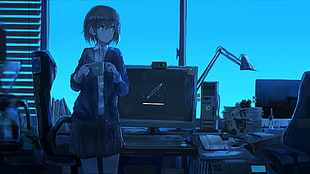 short-haired female anime character, computer, office, cup, lamp